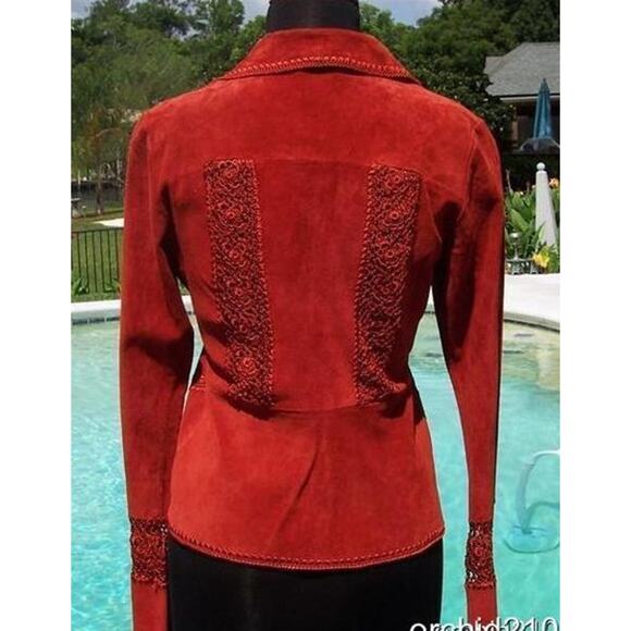 Cache Rust Suede Leather Peek-A-Boo Crochet Insert Jacket Top New $248 NWT - Picture 6 of 9